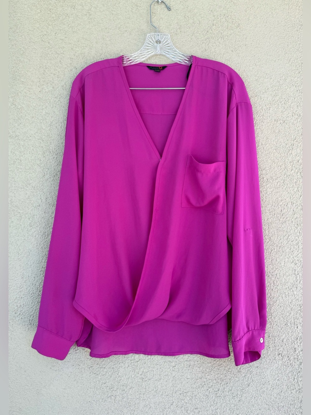 G By Guess Women's Magenta Wrap Front Roll Tab Sleeve, chiffon Blouse - Size XL